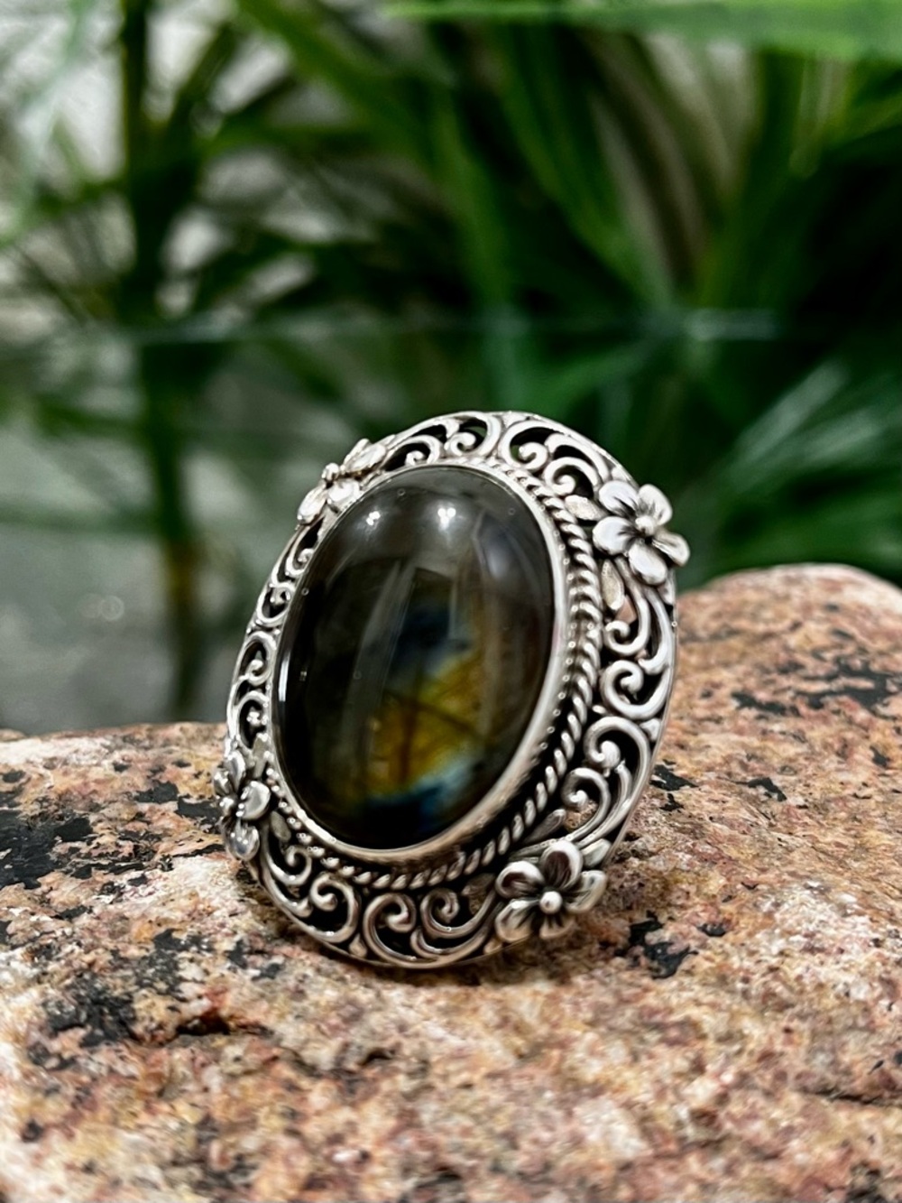 LARGE 25 Carat Malagasy Labradorite Solitaire Ring in Sterling Silver  Size 11
